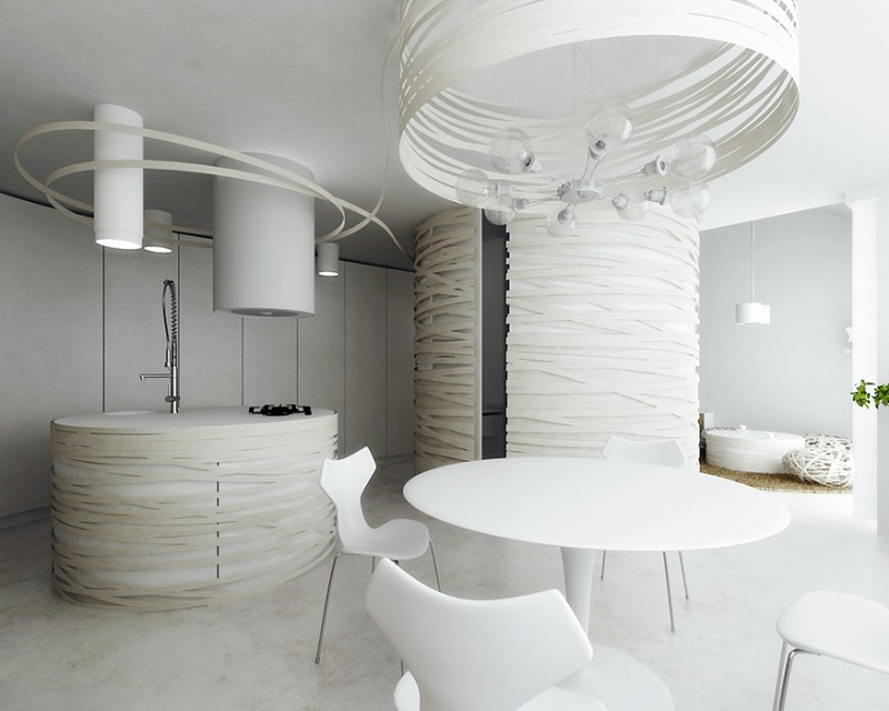 Дизайн квартиры, сформированный на основе круглых функциональных элементов и открытого пространства Дизайн квартиры, сформированный на основе круглых функциональных элементов и открытого пространства