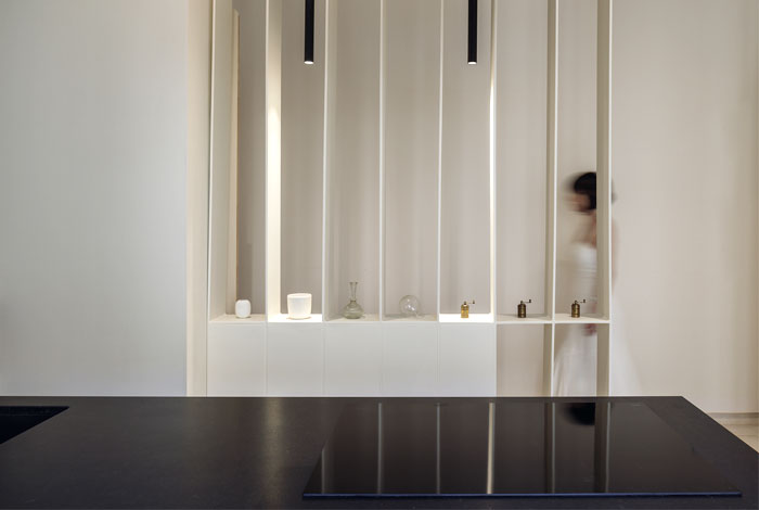 Практичное расположение кухни, столовой и гостиной в одной зоне в мадридской квартире