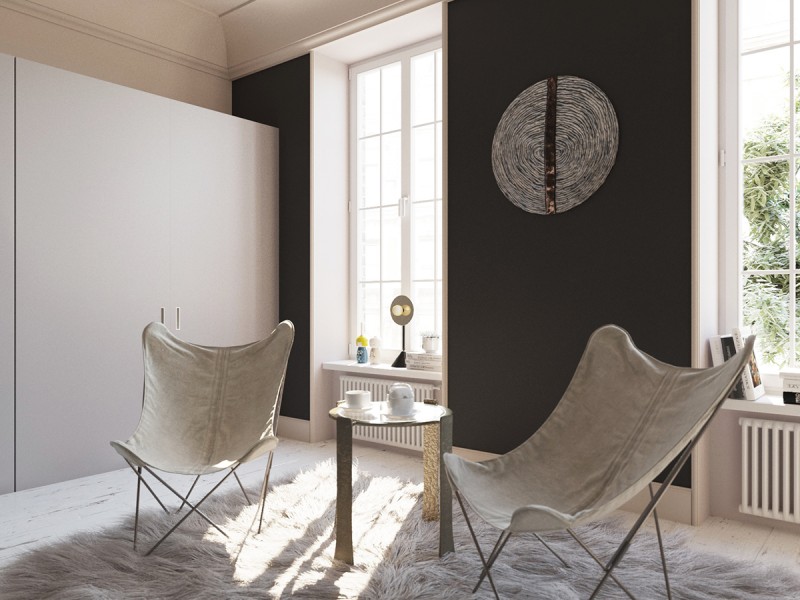 Интерьер просторной светлой квартиры с яркими акцентами