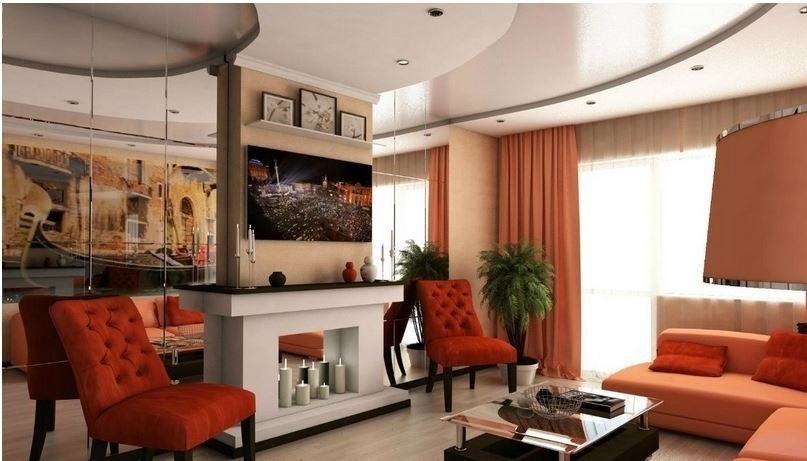 Дизайн интерьера гостиной комнаты с фальш-камином
