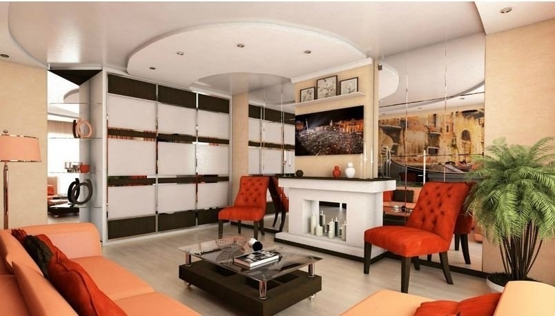 Дизайн интерьера гостиной комнаты с фальш-камином
