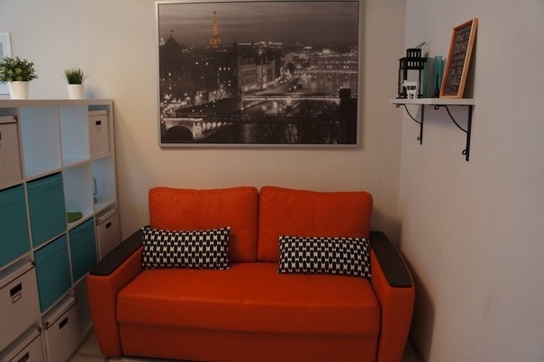 Пример разделения пространства небольшой комнаты на спальню и гостиную.