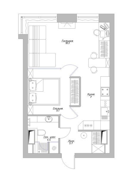 Проект маленькой квартиры в 44.5 кв.