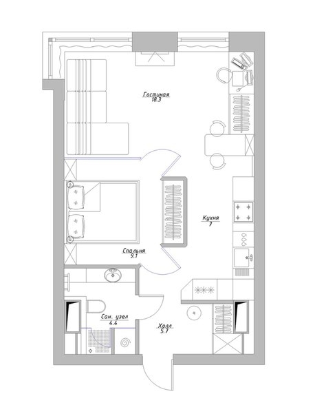 Проект маленькой квартиры в 44.5 кв. м. для молодой пары