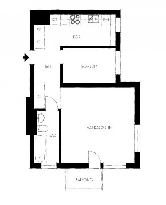 Квартира площадью 42,5 м2 в Стокгольме
