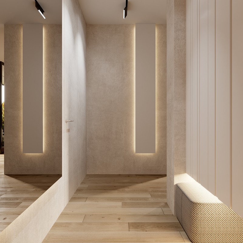 Нейтральная оттеночная палитра и светлые деревянные панели в интерьере просторной квартиры