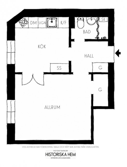 Квартира-студия площадью 34 м2 в доме 1920-х годов в Стокгольме