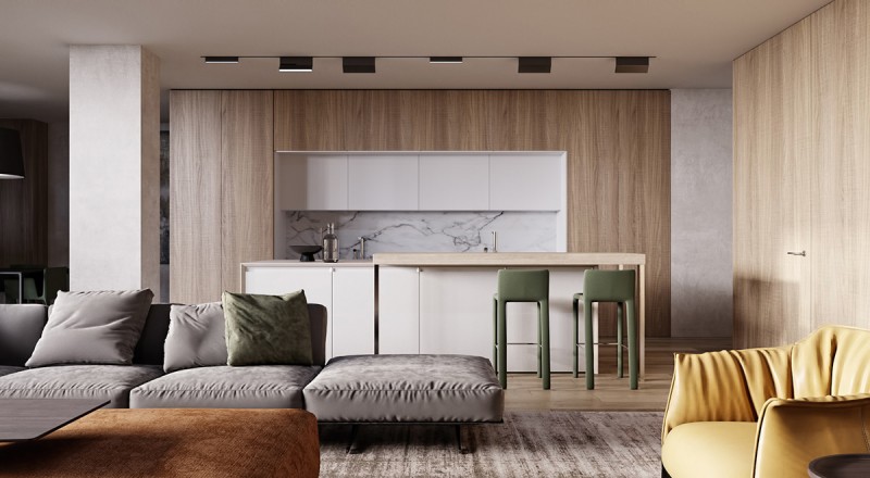 Нейтральная оттеночная палитра и светлые деревянные панели в интерьере просторной квартиры