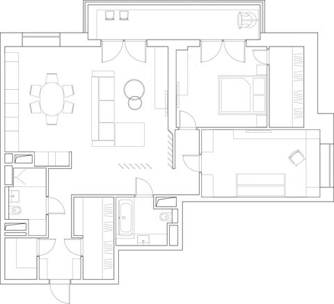 Сочетание ярких тонов и геометрических узоров в интерьере просторной квартиры для молодой семьи