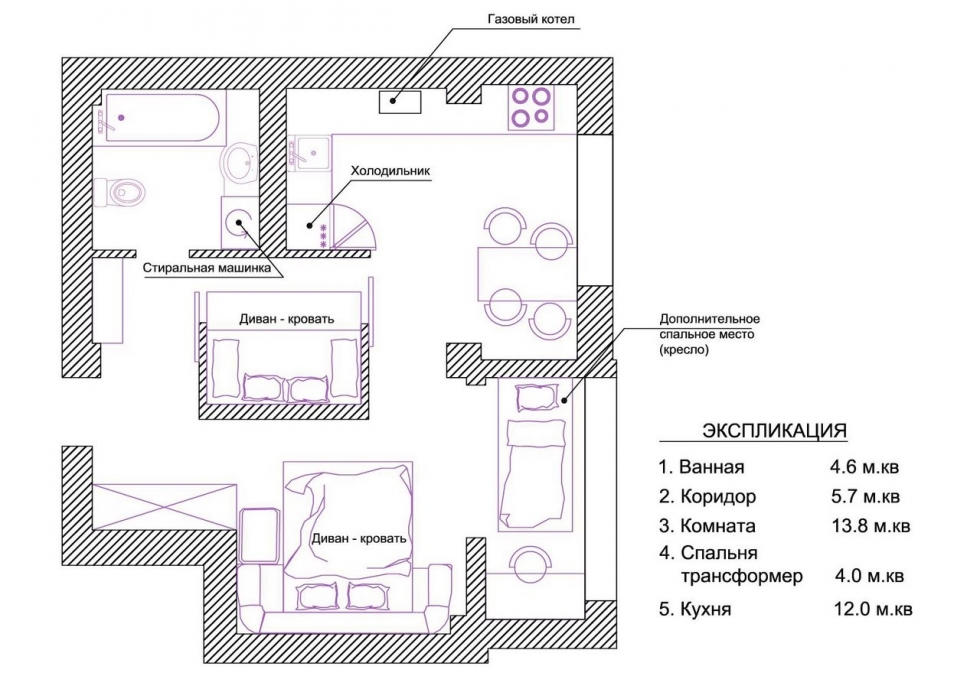 Перепланировка однокомнатной квартиры для семьи из трех человек