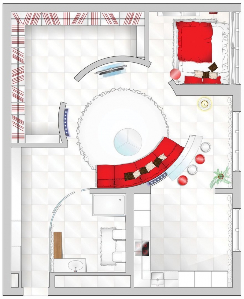 Красно-белый интерьер квартиры нестандартной планировки