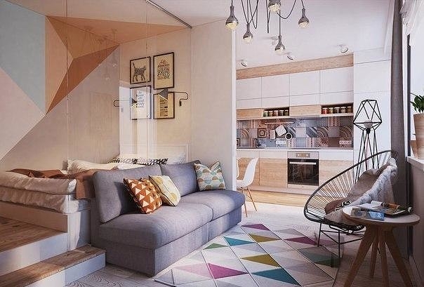 Современный дизайн квартиры-студии + проект с 3D планировкой (40 м2)