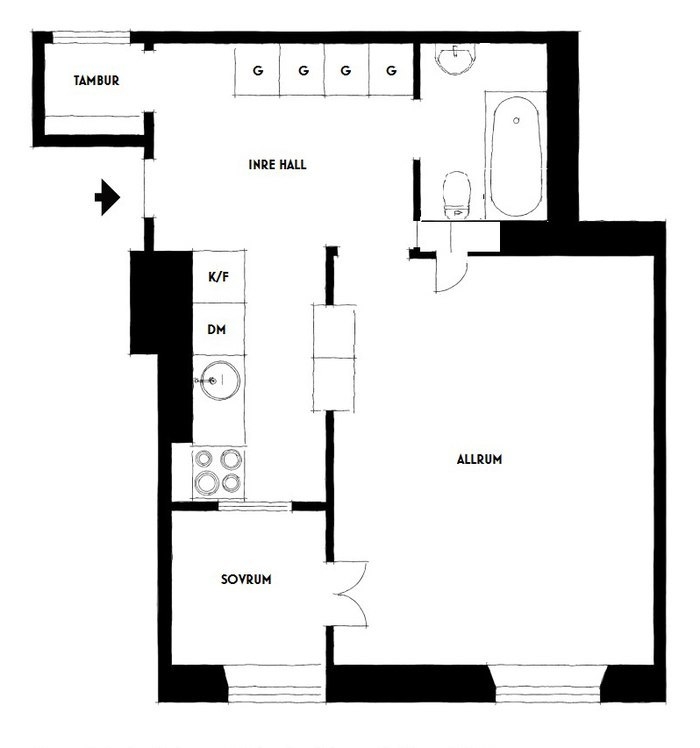 Скандинавская двушка 45 м² с серой спальней и аквариумом