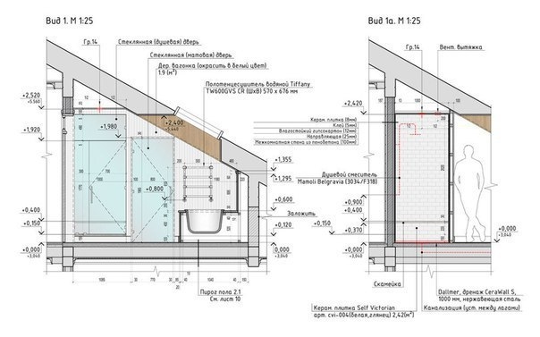Проект ванной комнаты на мансардном этаже