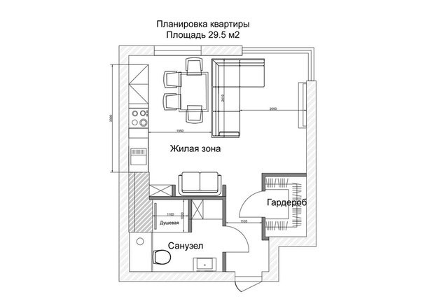 Проект студии площадью 29,5 кв.м.